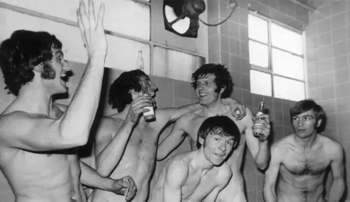 Framed Print : Everton v. Liverpool. Liverpool players enjoy their bath after the game