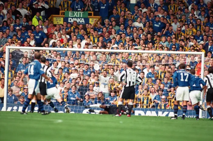 Framed Print : Everton v Newcastle Premiership Football 17th August 1996 David Unsworth beats Framed Print : Everton v Newcastle Premiership Football 17th August 1996 David Unsworth beats