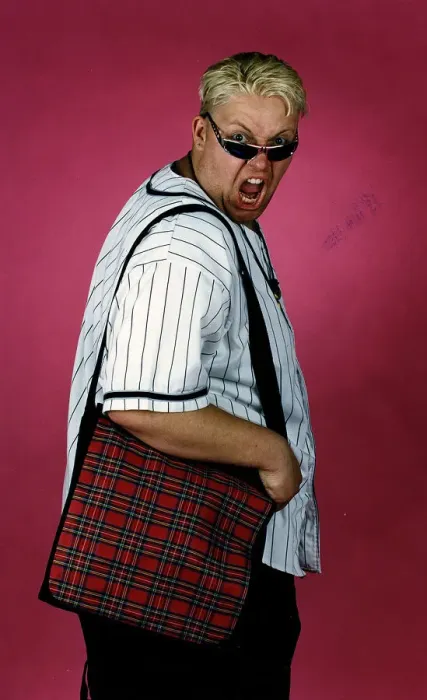 Framed Print : Ewan MacLeod Sunday Mail record bag offer red tartan wearing sunglasses mouth open