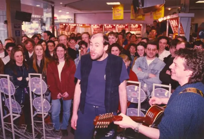 Framed Print : Ex Marillion lead singer Fish performing at the HMV Shop on Northumberland Street