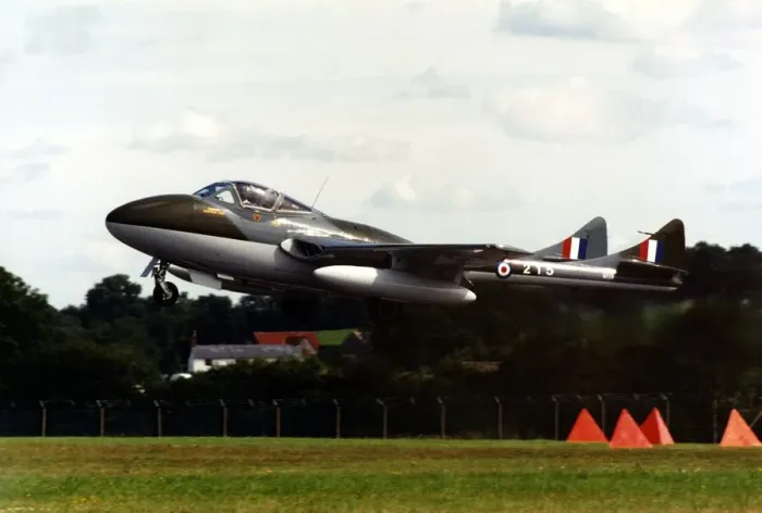 Framed Print : An ex-RAF De Havilland Vampire T55 twin seat training aircraft taking off Framed Print : An ex-RAF De Havilland Vampire T55 twin seat training aircraft taking off