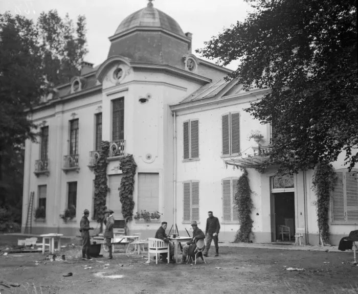 Framed Print : Exterior of Chateau at Sempsl which German soldiers ransacked before being recaptured
