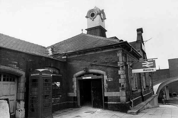 The exterior of the now derelict Manors Railway Station in Newcastle on 1st July 1985