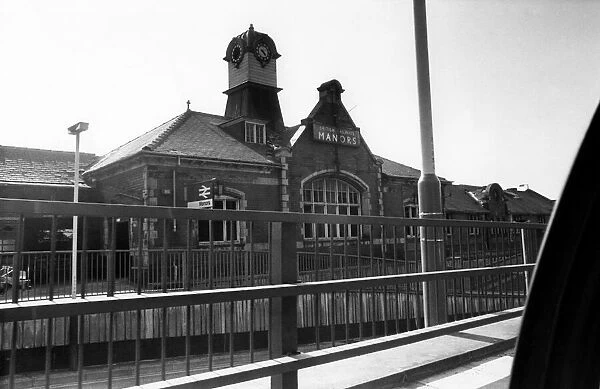 The exterior of the now derelict Manors Railway Station in Newcastle on 1st July 1985
