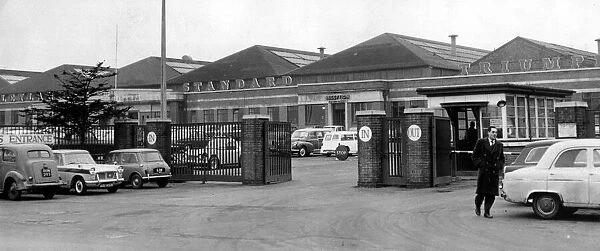 Exterior view of British Leyland Strandard Triumph works entrance and gatehouse at Canley