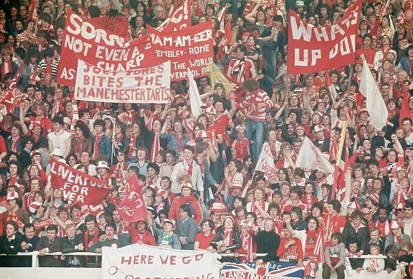 FA Cup Final 1977 Liverpool v Manchester United football fans supporters banners flags