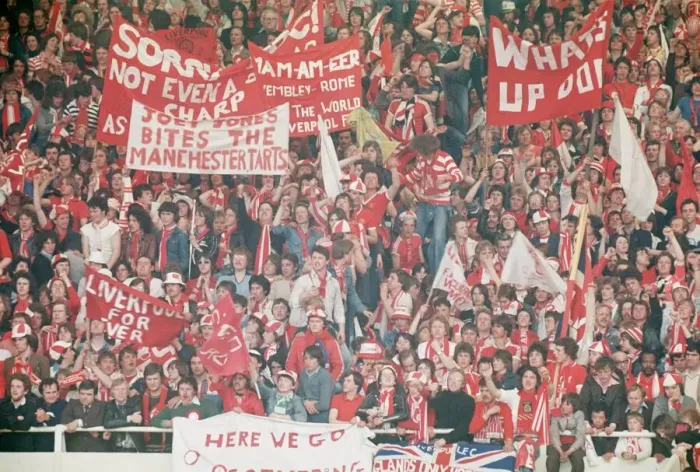 Framed Print : FA Cup Final 1977 Liverpool v Manchester United football fans supporters banners flags