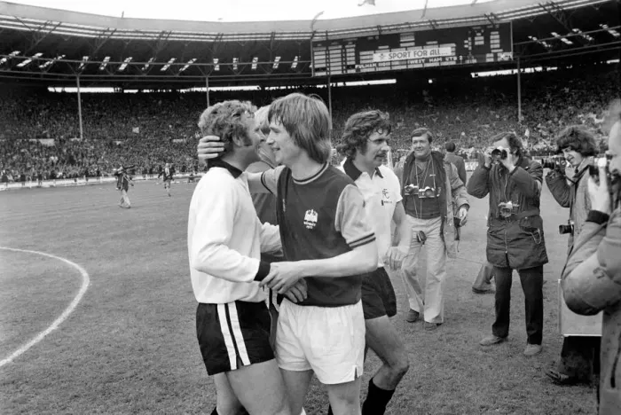 Framed Print : FA Cup Final at Wembley Stadium West Ham 2 v Fulham 0 Bobby Moore embraced Framed Print : FA Cup Final at Wembley Stadium West Ham 2 v Fulham 0 Bobby Moore embraced