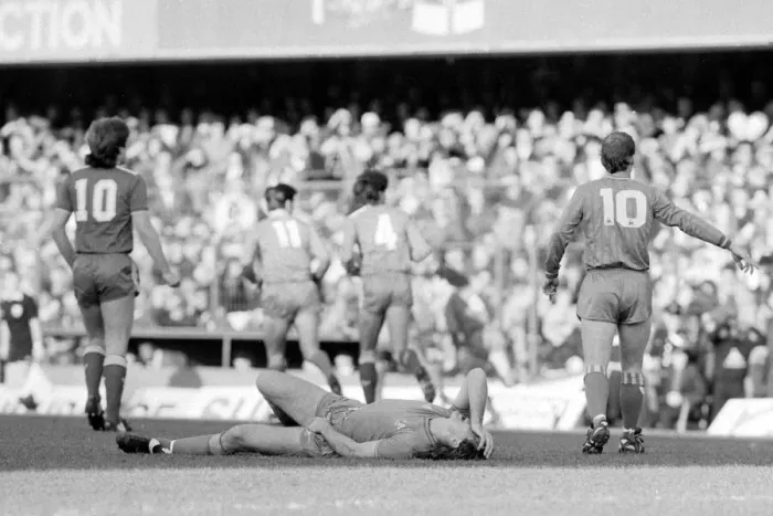 Framed Print : FA Cup Fourth Round. Chelsea 1 v. Liverpool 2. Kerry Dixon of Chelsea on the ground Framed Print : FA Cup Fourth Round. Chelsea 1 v. Liverpool 2. Kerry Dixon of Chelsea on the ground