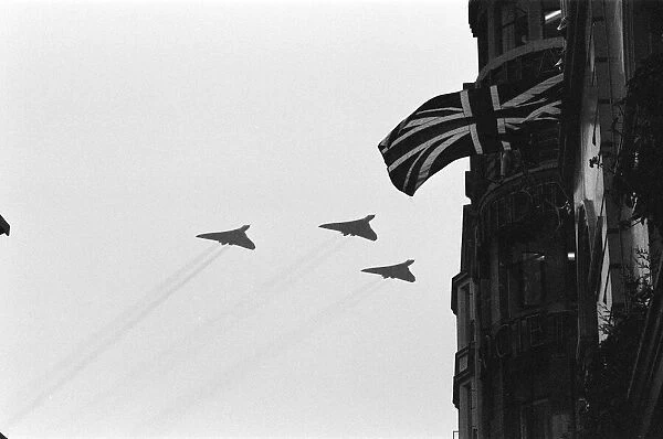 Falklands Victory Parade, London. RAF Vulcans in a Fly Past. 12th October 1982
