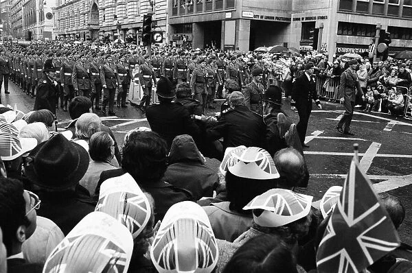 Falklands Victory Parade, London. Police remove trouble makers. 12th October 1982