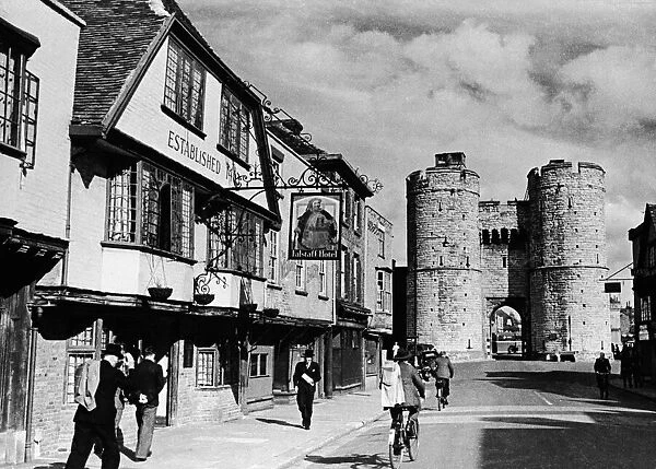 The Falstaff Hotel beside The West Gate to Canterbury. Circa 1935