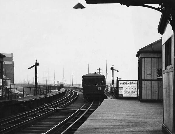 The famous Overhead Railway in Liverpool, with the train stopped at James Street Station
