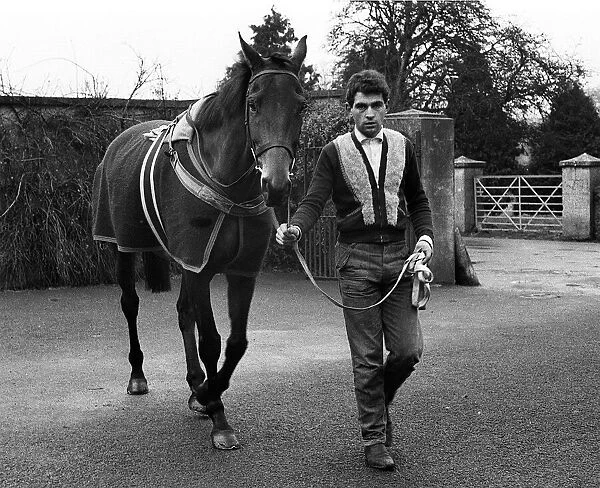 Famous racehorse Arkle being being walked around at the stables of Tom Dreaper