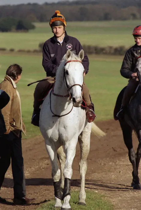 Framed Print : Famous racehorse Desert Orchid being taken out for a training session with jockey Richard Framed Print : Famous racehorse Desert Orchid being taken out for a training session with jockey Richard