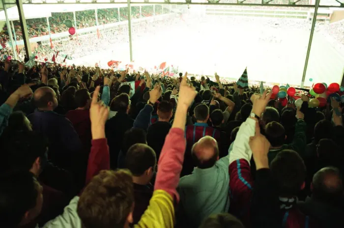 Framed Print : Fans in the Holte End stand in the final game before it was demolished Framed Print : Fans in the Holte End stand in the final game before it was demolished