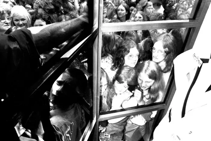 Framed Print : Fans mobbed Ebenezers Boutique in Silver Street, Durham when Adam Faith came to open it Framed Print : Fans mobbed Ebenezers Boutique in Silver Street, Durham when Adam Faith came to open it