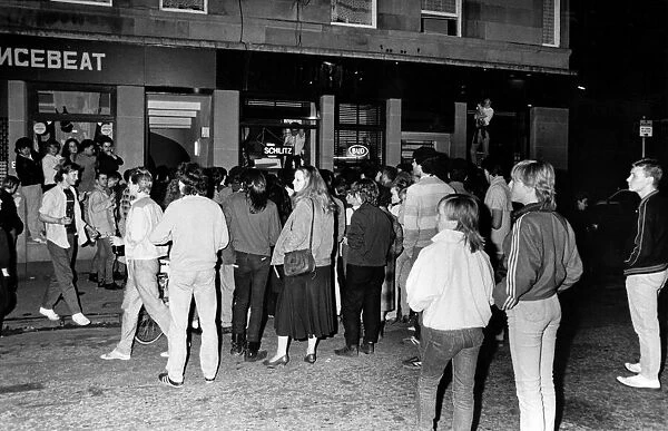 Fans outside Dukes bar in Glasgow, hoping to see The Clash who are inside playing live as