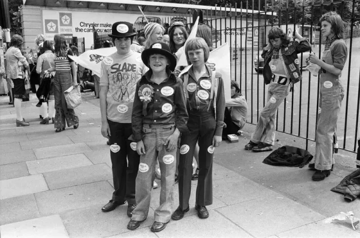 Framed Print : Fans of pop group Slade get ready for the invasion of Earls Court tonight where the group Framed Print : Fans of pop group Slade get ready for the invasion of Earls Court tonight where the group