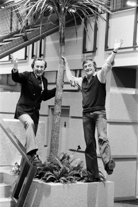 Framed Print : Far from being tired are Breakfast TV AM presenters David Frost and Michael Parkinson