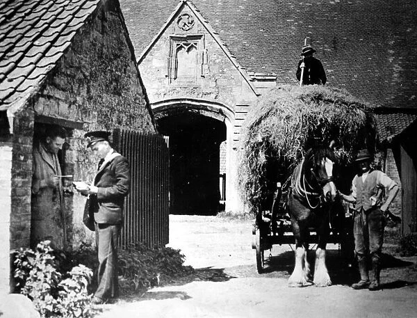 Farmer Harold Robert Mapstone with Mr Green and Jack Humphreys on hay wagon Glastonbury