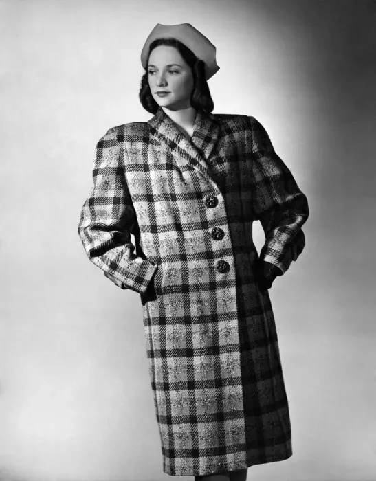 Framed Print : Fashion 1940 s: Attractive swagger country coat by Meredith in large red Framed Print : Fashion 1940 s: Attractive swagger country coat by Meredith in large red