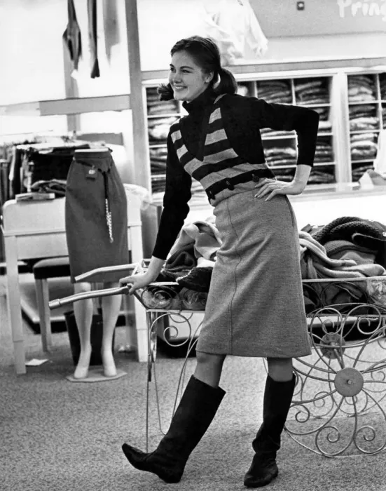 Framed Print : Fashion 1963: Model wearing knee length skirt with a two piece tunic Framed Print : Fashion 1963: Model wearing knee length skirt with a two piece tunic