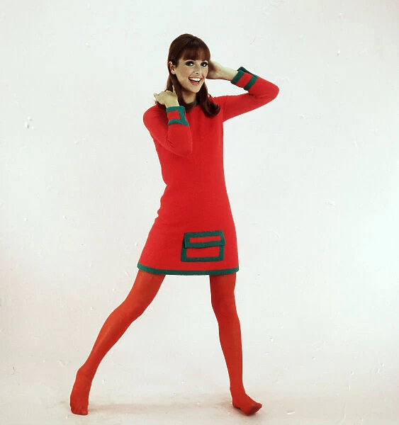 Fashion - 1966 Red wool mini dress with emerald green detail and red stockings