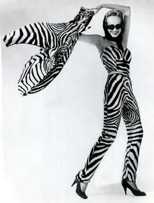 Framed Print : Fashion 1970s Model wearing fake zebra skin trousers with matching bodice and jacket Framed Print : Fashion 1970s Model wearing fake zebra skin trousers with matching bodice and jacket