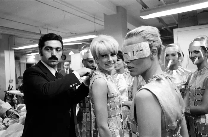 Framed Print : Fashion designer Paco Rabanne on the film set of Casino Royale at Elstree