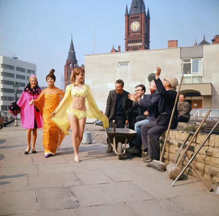 Framed Print : Fashion show in Liverpool. L-R Zandra Fisher, wearing a pink silk coat trimmed with pink Framed Print : Fashion show in Liverpool. L-R Zandra Fisher, wearing a pink silk coat trimmed with pink