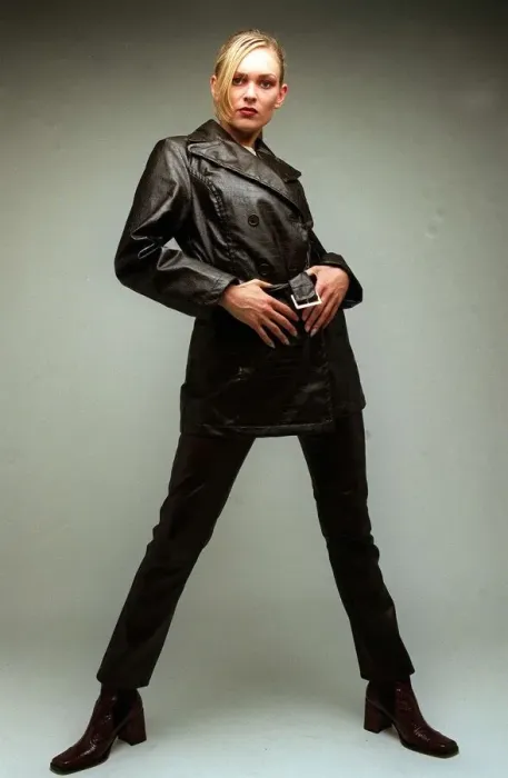 Framed Print : Fashion A model wearing black leather jacket and trousers 1996 Framed Print : Fashion A model wearing black leather jacket and trousers 1996