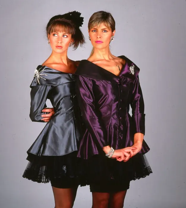 Framed Print : Fashion models - taffetta lace suits dresses October 1988 Two models wearing black