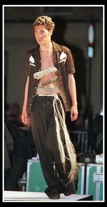 Framed Print : Fashion Show at Royal Exchange Square Glasgow May 1999 Male model wearing brown