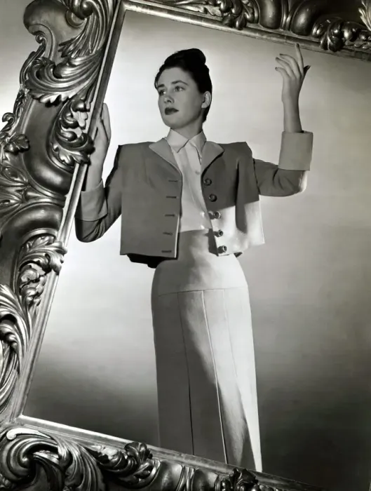 Framed Print : Fashion - Suit - circa 1940s Forenoon shade New waist jacket corsette skirt Framed Print : Fashion - Suit - circa 1940s Forenoon shade New waist jacket corsette skirt