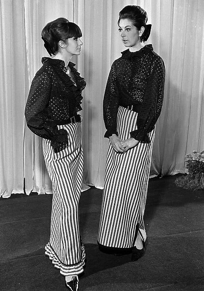 Fashions taken during London Fashion Week 1964 Black frilly blouses with striped