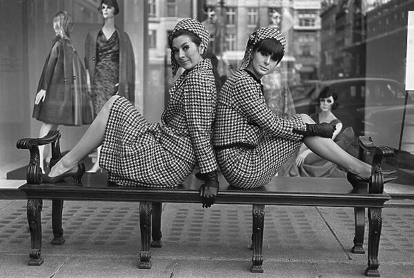 Fashions taken during London Fashion Week 1964 Two piece suit with matching hats