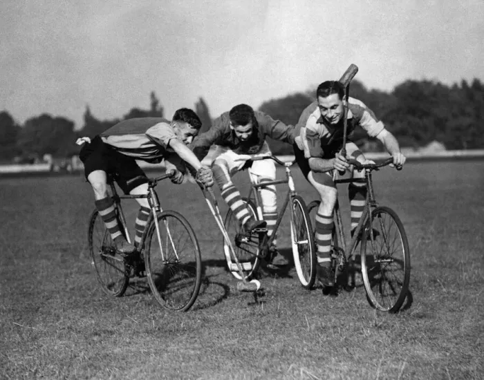 Framed Print : Three fellows playing Cycle polo which was invented in County Wicklow, Ireland Framed Print : Three fellows playing Cycle polo which was invented in County Wicklow, Ireland