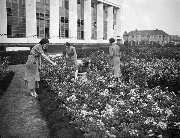 Female Hoover factory workers in a flower garden outside the factory building