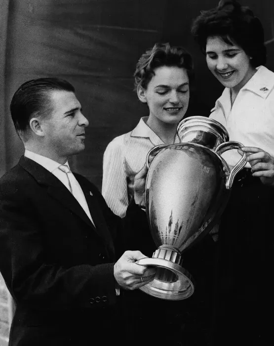Framed Print : Ferenc Puskas Real Madrid football player shows off the European Cup Trophy to two