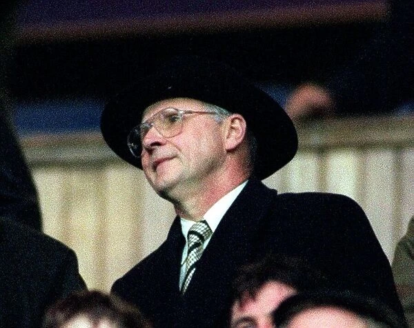 Fergus McCann wearing hat glasses in stand Ibrox Celtic Falkirk Scottish cup semi final