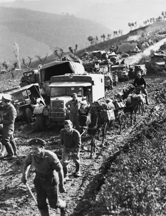 Framed Print : Fifth army supply route, Italy. Transport held up while the road is repaired Framed Print : Fifth army supply route, Italy. Transport held up while the road is repaired