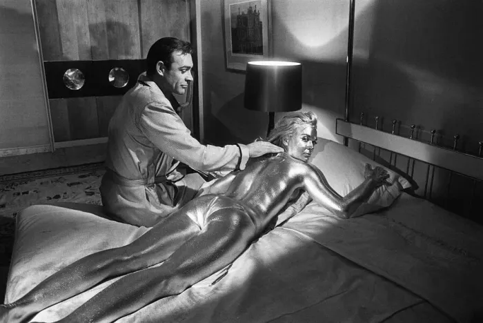 Framed Print : Film Goldfinger 1964 Shirley Eaton Sean Connery Pictured on set during filming