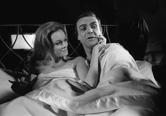 Framed Print : Film Thunderball 1965 Sean Connery and Luciana Paluzzi Filming bed scene James Bond