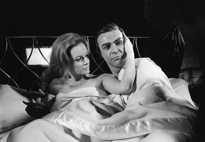 Framed Print : Film Thunderball 1965 Sean Connery and Luciana Paluzzi Filming bed scene James Bond