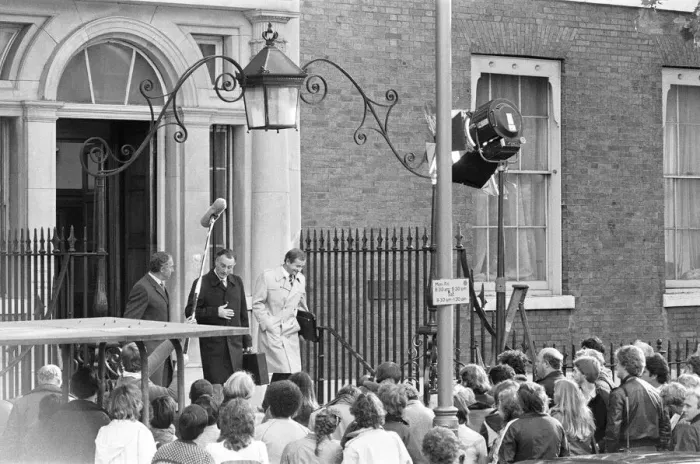 Framed Print : Filming of BBC TV Programme Yes Minister, outside Framed Print : Filming of BBC TV Programme Yes Minister, outside