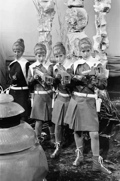 Framed Print : Filming Doctor Who, The Drahvins from the planet Drahva in Galaxy 4, Studio Rehearsal