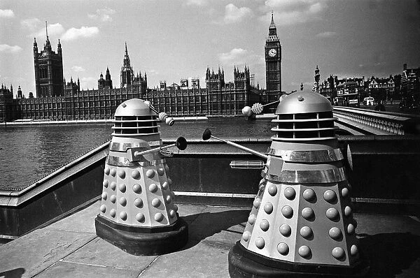 The filming of Dr Who - Daleks characters across the river from Big Ben