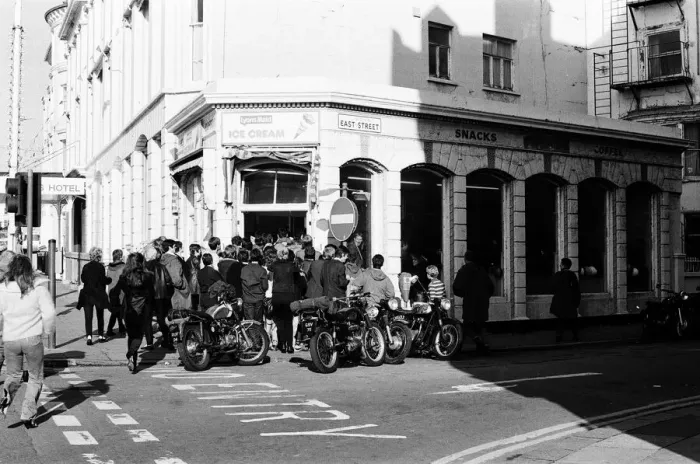Framed Print : Filming of Quadrophenia in Brighton, based on the Mods and Rocker battles of the mid Framed Print : Filming of Quadrophenia in Brighton, based on the Mods and Rocker battles of the mid