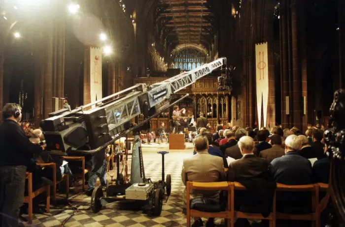 Framed Print : Filming of Songs of Praise, BBC Television Programme at Manchester Cathedral Framed Print : Filming of Songs of Praise, BBC Television Programme at Manchester Cathedral